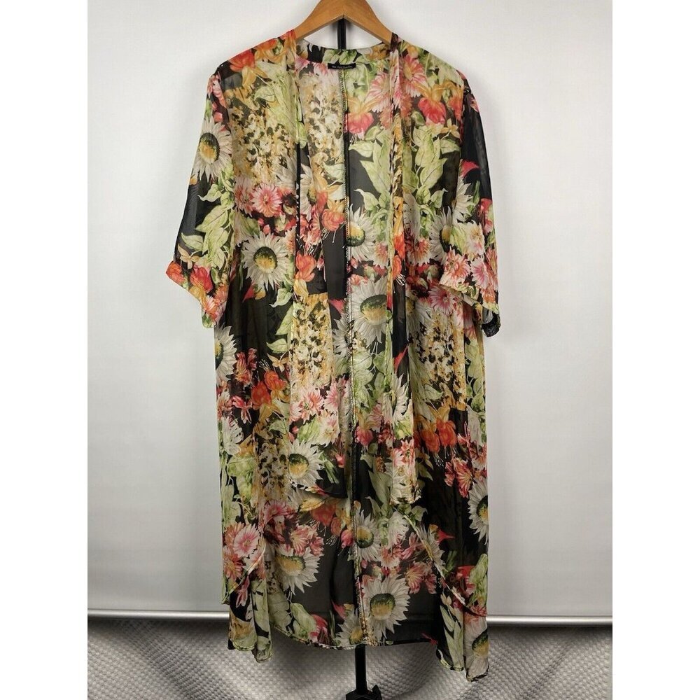 See You Monday Black Multicolor Floral‎ Sheer Open Front Short Sleeve Kimono